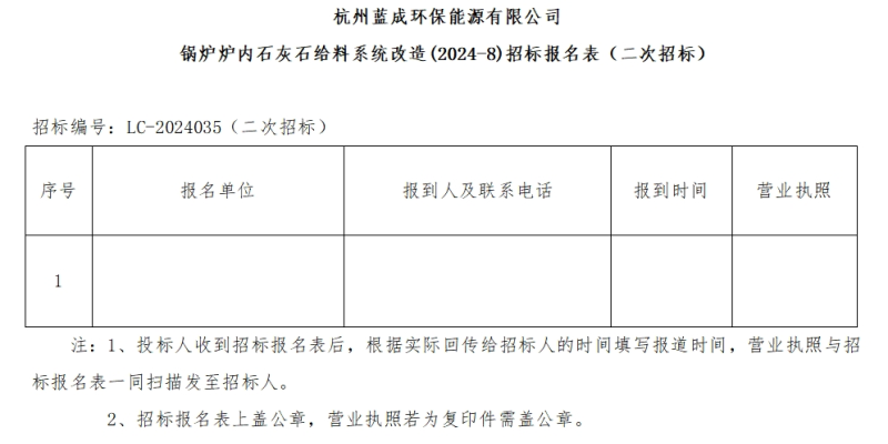 杭州蓝成环保能源有限公司锅炉炉内石灰石给料系统刷新&#40;2024-8&#41;招标通告&#65288;二次招标&#65289; - 招标通告 - 杭州蓝成环保能源有限公司